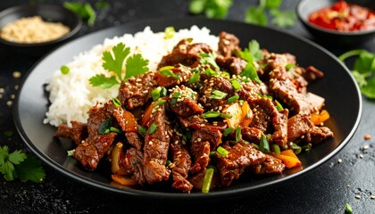 Close view of Korean Beef Bulgogi, grilled beef steak with spicy sauce. 