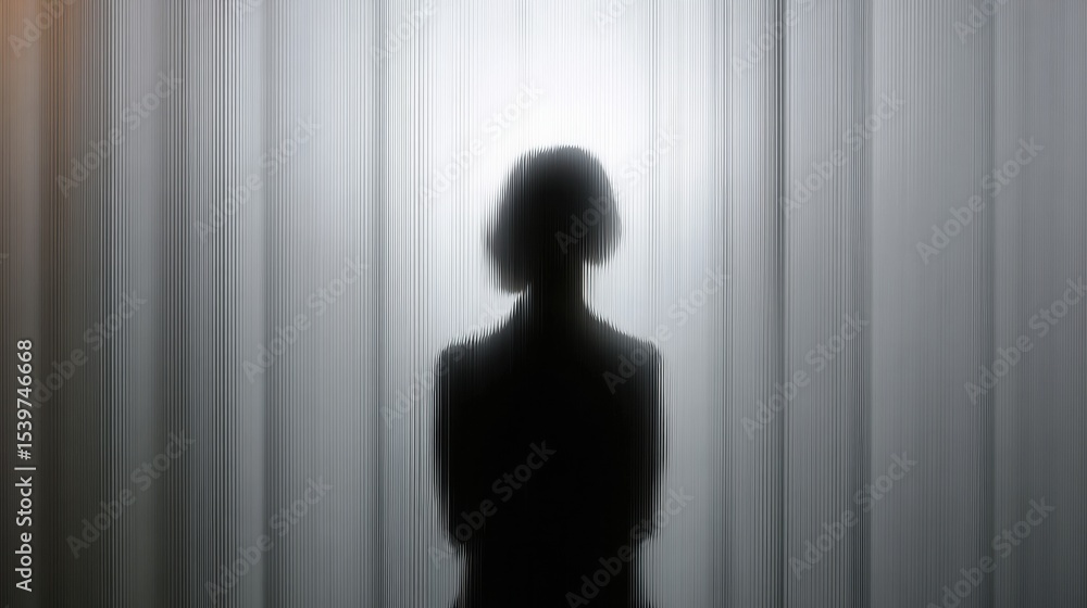 Aufkleber Shadow Figure Stands Behind a Translucent Screen in a Dimly Lit Space, Creating an Atmosphere of Mystery and Intrigue During the Night