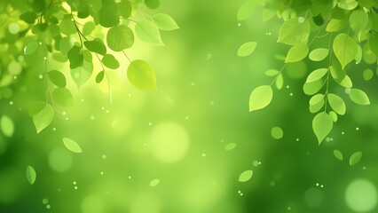A peaceful and beautifully framed nature background with green leafy branches in the corners, set against a bright, sunlit green bokeh with floating particles.