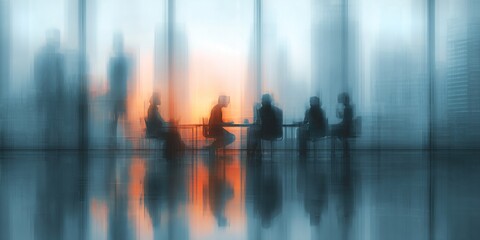 Soft of blurred people meeting at table. Abstract blurred office interior space background. Business concept, digital ai. High quality