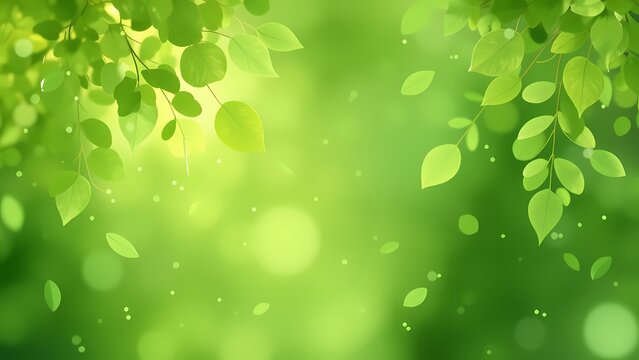 A peaceful and beautifully framed nature background with green leafy branches in the corners, set against a bright, sunlit green bokeh with floating particles.