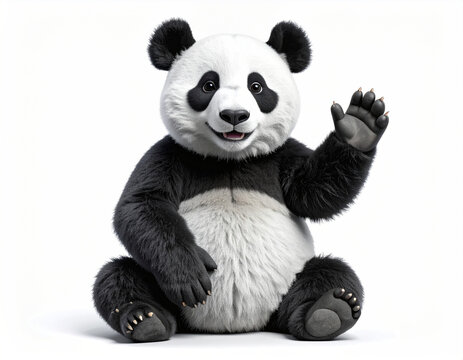 Friendly Giant Panda: a friendly giant panda sits contentedly, lifting a paw in a cheerful wave, its striking black and white coat exuding charm and approachability.