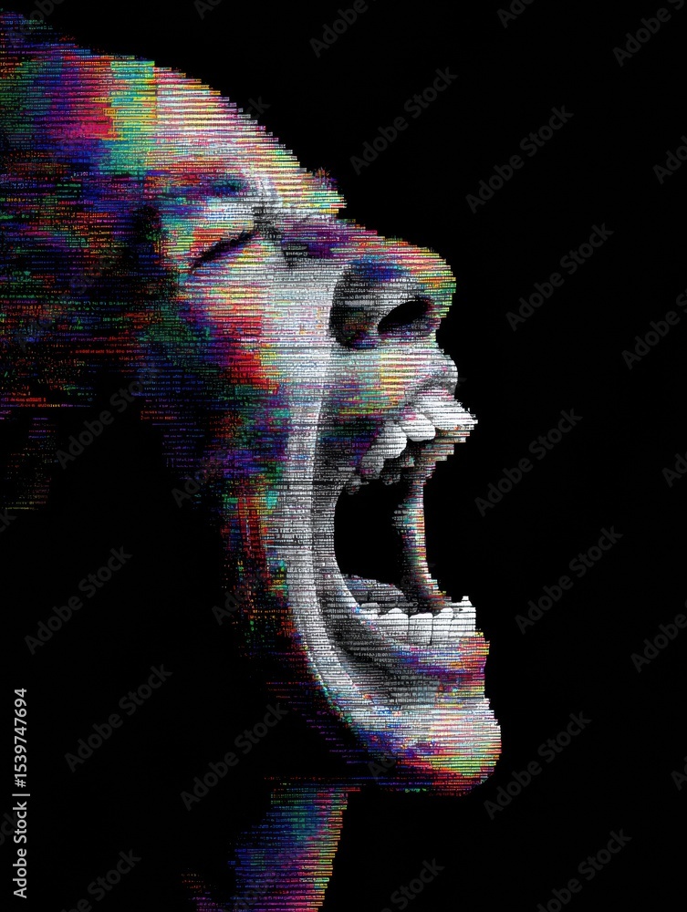 Poster screaming mouth obscured by data noise showcases visual chaos amidst stark contrast