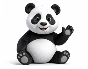 Happy Panda: A cheerful cartoon panda waves hello, showcasing a friendly and approachable demeanor. The panda is sitting and smiling, creating a heartwarming image suitable for various applications.