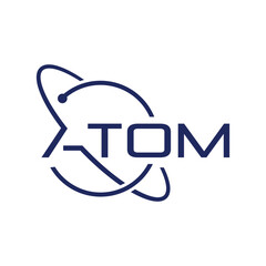 The image shows a flat wordmark logo design of the word ATOM with round orbital circle in dark color that looks clean on a white background 