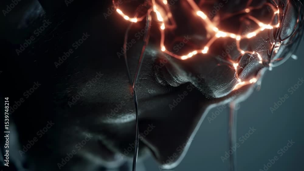 Poster orange glowing lines and blank zones represent amnesia in a human head, visualizing medical science 