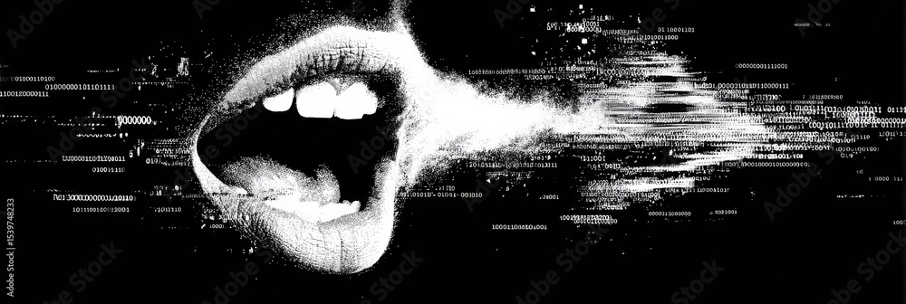 Aufkleber screaming mouth surrounded by chaotic data noise reflecting emotional turmoil and digital distortion