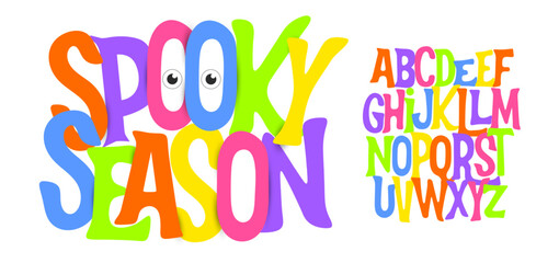 Fototapeta premium Halloween Fun Font, Funny Cartoon Alphabet with Colorful Letters and Funny Eyes. Childish Type for Spooky Season Lettering, Trick or Treat Quotes, Kids Crafts, Posters, Stickers, Tee. Vector Typeset