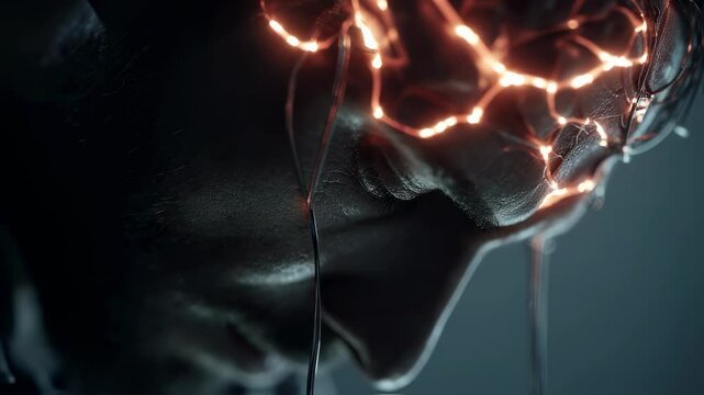 Orange glowing lines and blank zones represent amnesia in a human head, visualizing medical science concepts related to memory loss and neurological disorders
