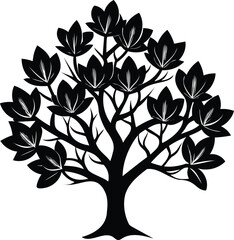Striking black silhouette of a deciduous tree with elegant leaf details
