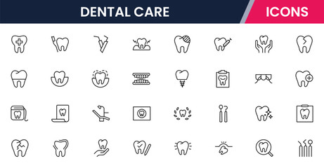 Crisp vector web line icons depicting dental care, tools, oral health, dentistry procedures, and professional dental wellness services.