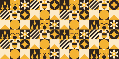 Geometric bees repeating pattern with various shapes.