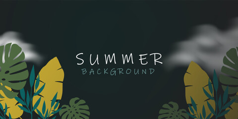 Dramatic Summer Night Background with Tropical Foliage and Misty Clouds