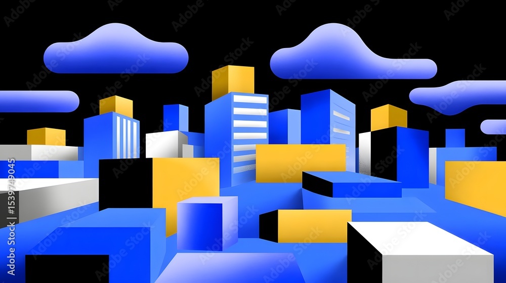 Poster a visionary, futuristic cityscape featuring floating geometric shapes and structures in a minimalist