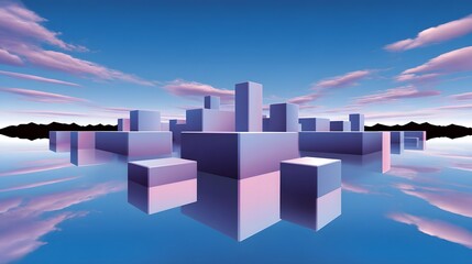 Fototapeta premium A surreal cityscape featuring levitating, minimalist geometric shapes reflected in a tranquil, mirror-like body of water against a vibrant, dreamlike sky