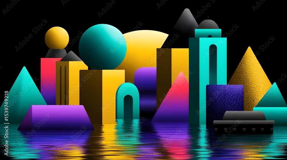 Aufkleber a visually striking abstract landscape featuring colorful geometric shapes and structures floating a