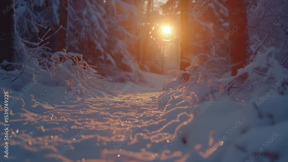 Poster a serene snowy path surrounded by towering trees in a dense forest