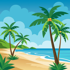 Palm trees lining a sandy beach under a clear sky, AI Generated 