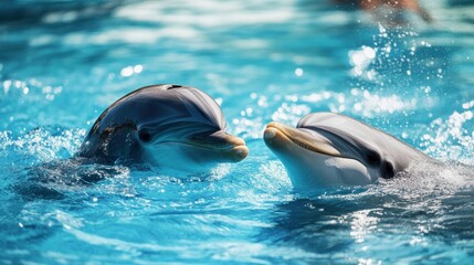 Two dolphins playfully surfacing in sparkling turquoise water, eye contact