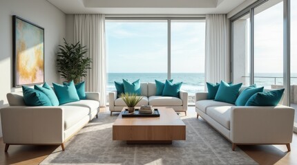 Fototapeta premium fabric sofas with turquoise pillows coastal home interior design of modern living room in seaside