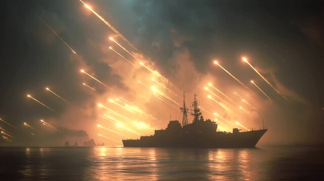Night Battle Scene with Muzzle Flashes from Guns