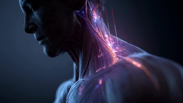 Glowing meridians illuminating male patient's neck and shoulder, revealing intricate energy pathways during traditional chinese acupuncture treatment highlighting holistic healing approach