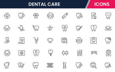 Crisp vector web line icons depicting dental care, tools, oral health, dentistry procedures, and professional dental wellness services.