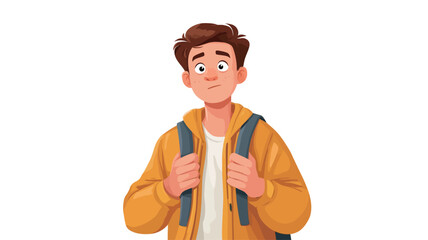 A digital illustration depicting a young man with brown hair wearing a yellow jacket and a backpack. He has a slightly worried or pensive expression on his face. The style is cartoonish and