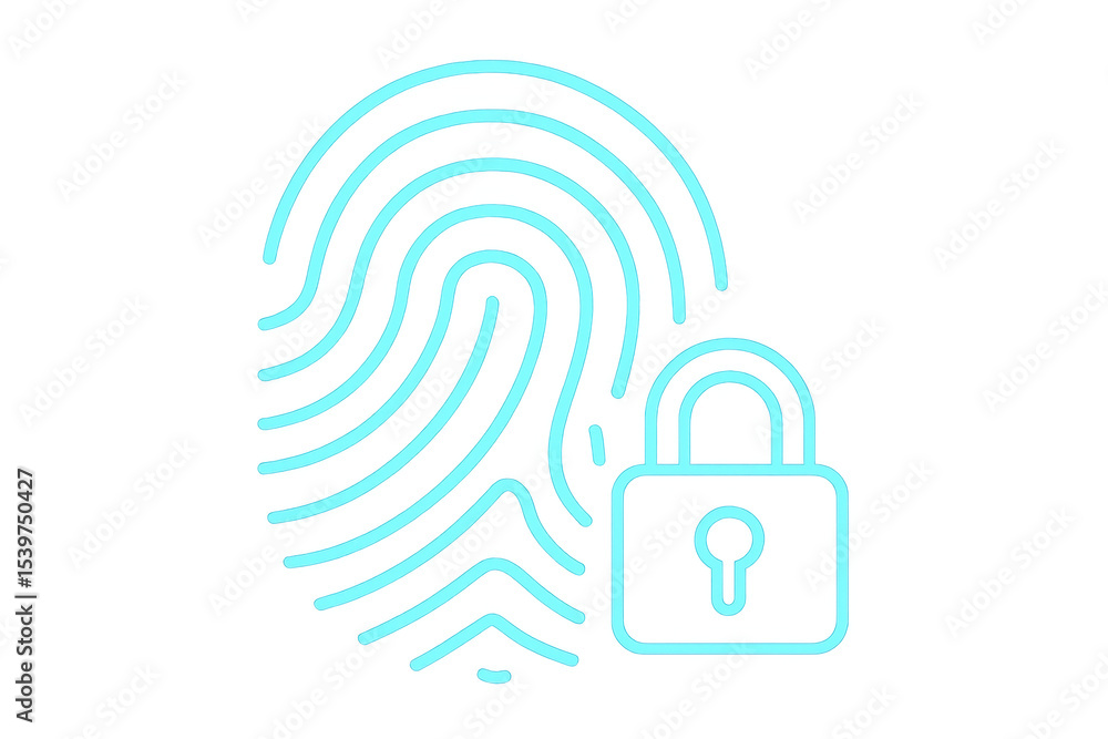 Poster light blue fingerprint and padlock icon representing biometric security and data privacy on a transp