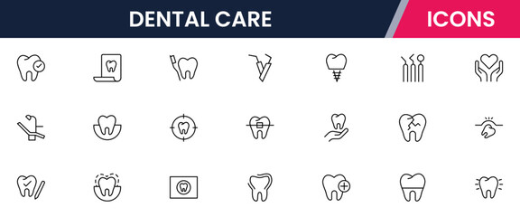 Crisp vector web line icons depicting dental care, tools, oral health, dentistry procedures, and professional dental wellness services.