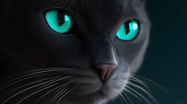 Mesmerizing close-up portrait of a sleek black cat with vibrant, neon-like green eyes, evoking a mysterious and captivating mood.