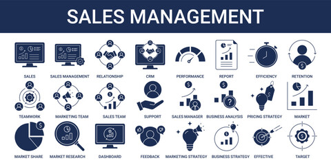Sales Management icon set with CRM, marketing team, sales team, effective and efficiency icon 