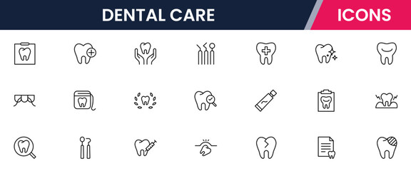 Crisp vector web line icons depicting dental care, tools, oral health, dentistry procedures, and professional dental wellness services.