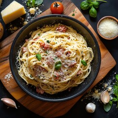 Overhead Shot of Creamy Spaghetti Carbonara with Tomatoes and Parmesan