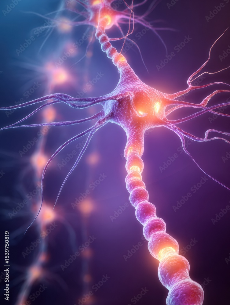 Poster Nervous System Diagram With Glowing Synapses and Gradient Background Illustrating Neural Connections and Signaling Processes