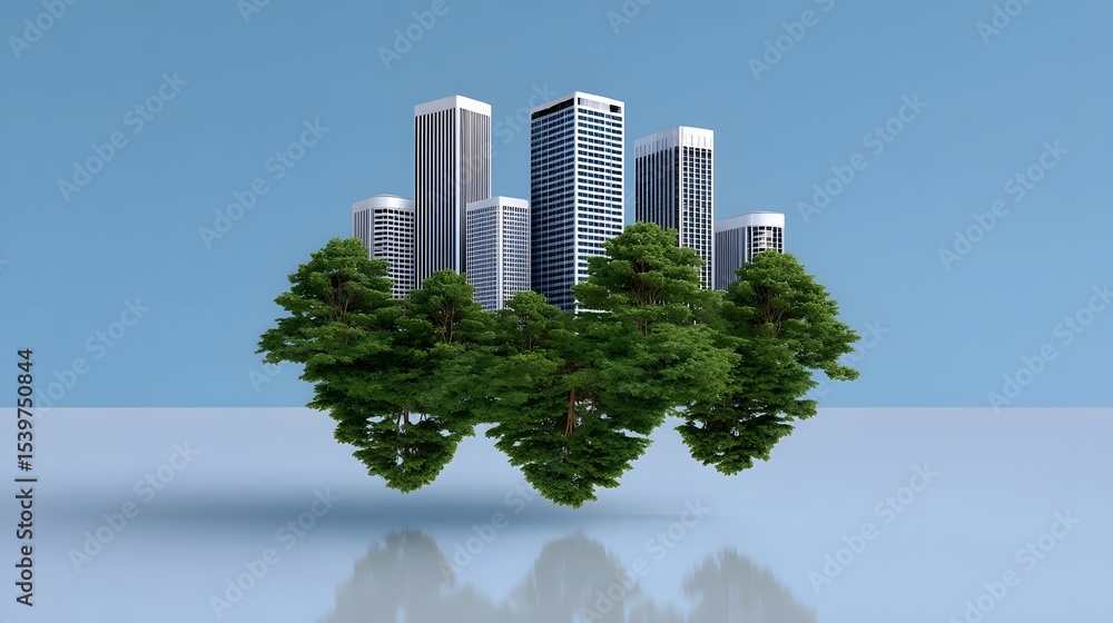 Poster a surreal and visually striking cityscape where towering skyscrapers seamlessly integrate with lush,
