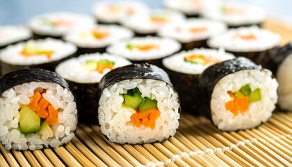Kimbap On The Bamboo Mat Closeup, Korean Cuisine. 