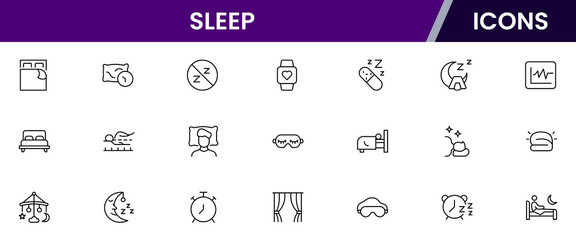 Soothing vector web line icons depicting sleep, beds, pillows, rest, relaxation, and wellness for healthy sleep routines and comfort.