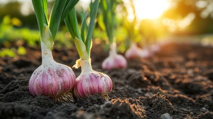 garlic plants growing in dark, rich soil, with their bulbs partially exposed and green shoots extending upwards