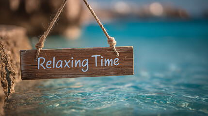 Relaxing time sign hanging over crystal clear water