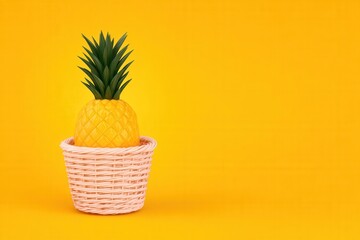 Lively and vibrant artificial pineapple placed in a charming pink basket against a bright yellow background creating a cheerful and playful atmosphere ideal for summer decoration
