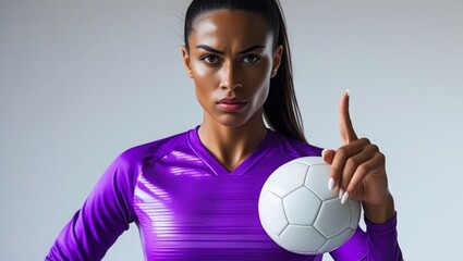  Female soccer player in purple kit holds a ball with one hand, index finger pointing upward on blank white backdrop 