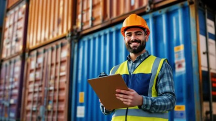 Overseeing Cargo Logistics: A smiling worker wearing a safety helmet and a vest in a cargo container area, reviewing paperwork, ready for efficient handling and transport of the shipment.