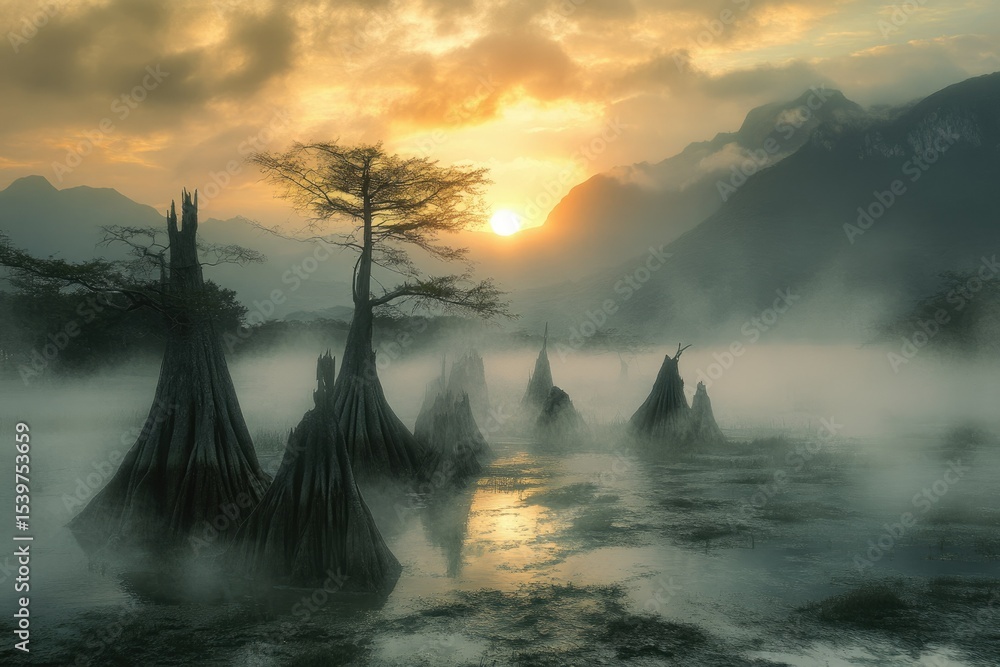 Poster misty sunrise over a serene lake with unique cypress trees, creating a magical and enchanting atmosp