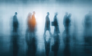 Blurred business people in white glass office. Generative AI. High quality