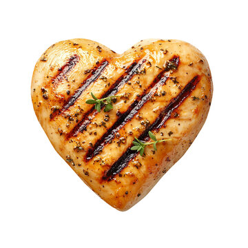 Grilled chicken breast in the shape of a heart isolated on a white background
