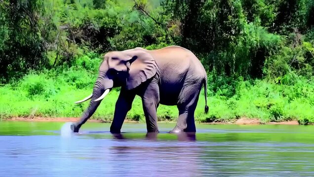 Majestic elephant drinking water, calm, in a river against a jungle backdrop.