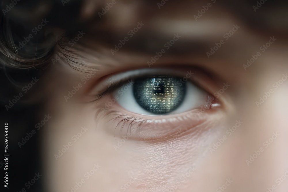 Poster eye with digital code reflecting in iris expressing the concept of technology creativity and cogniti