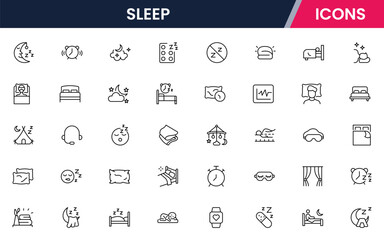 Soothing vector web line icons depicting sleep, beds, pillows, rest, relaxation, and wellness for healthy sleep routines and comfort.