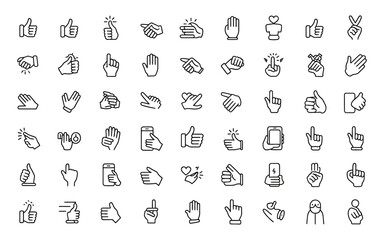 A collection of 80 minimalist line art icons arranged in a 10x8 grid, depicting various hand gestures and interactions. The icons are rendered in thin black lines on a white background.